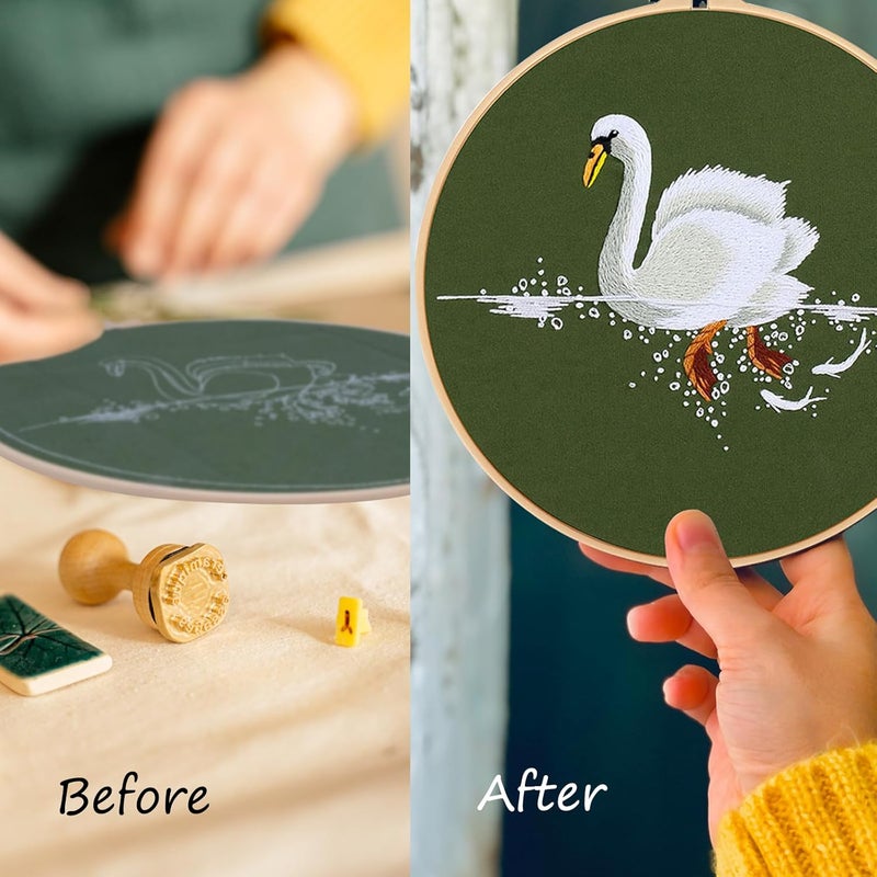 COCOMOX 4 Sets Embroidery Kit for Beginners, Hand Embroidery Stiches Practice Kit for Adults, Dolphin Swan Turtle Hummingbird Pattern Embroidery Kit, Craft Hand Stitch DIY Kit - Image 2